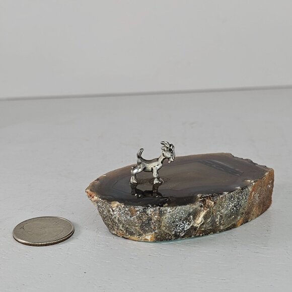 Agate Slice With Tiny Pewter Billy Goat Figurine - Picture 8 of 8